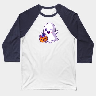 Cute Ghost Holding Candy Basket Pumpkin Cartoon Baseball T-Shirt